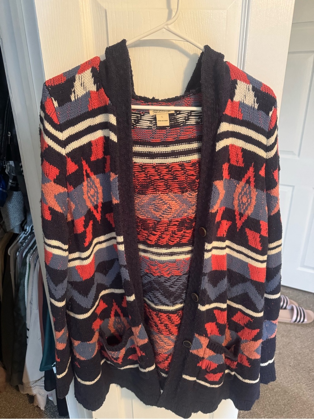 Lucky Brand Cozy Geometric Open-Front Cardigan Sweater in Navy, Red & Gray